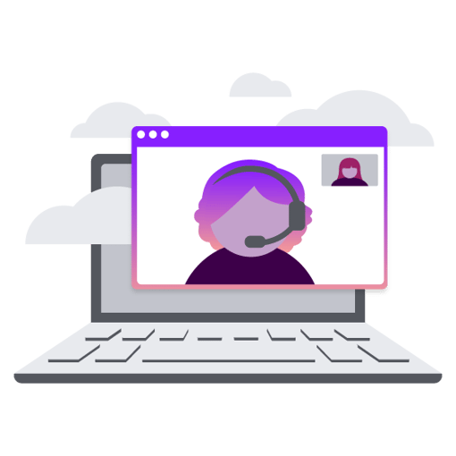 Illustration of a laptop. On the screen can be seen a contact center agent engaged in a video call, with a smaller image in the corner showing the other participant.
